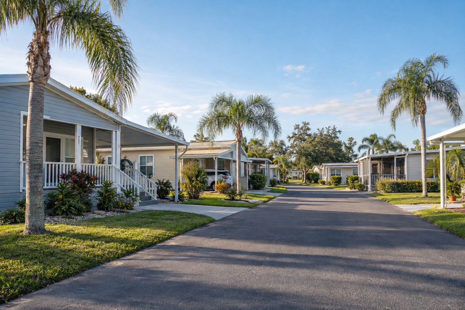 Illustrative manufactured-home community with homes, carports, and a shared paved lane in Central Florida