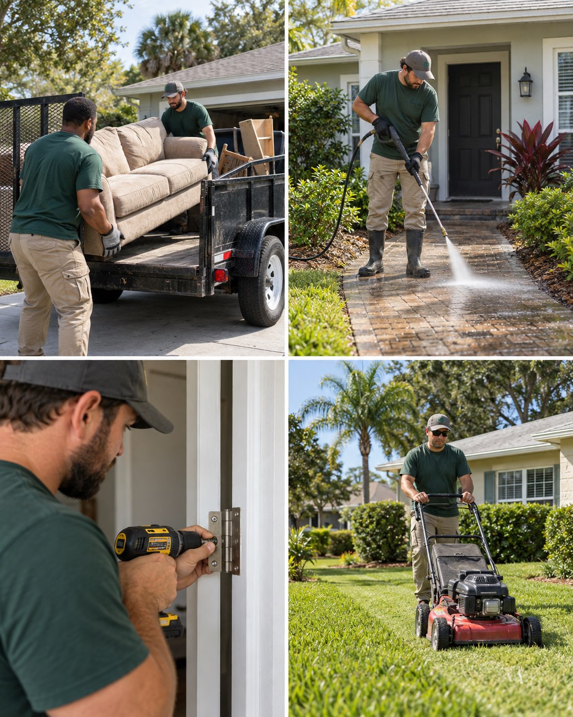 Illustrative collage of junk removal, property maintenance, door repairs, and lawn care